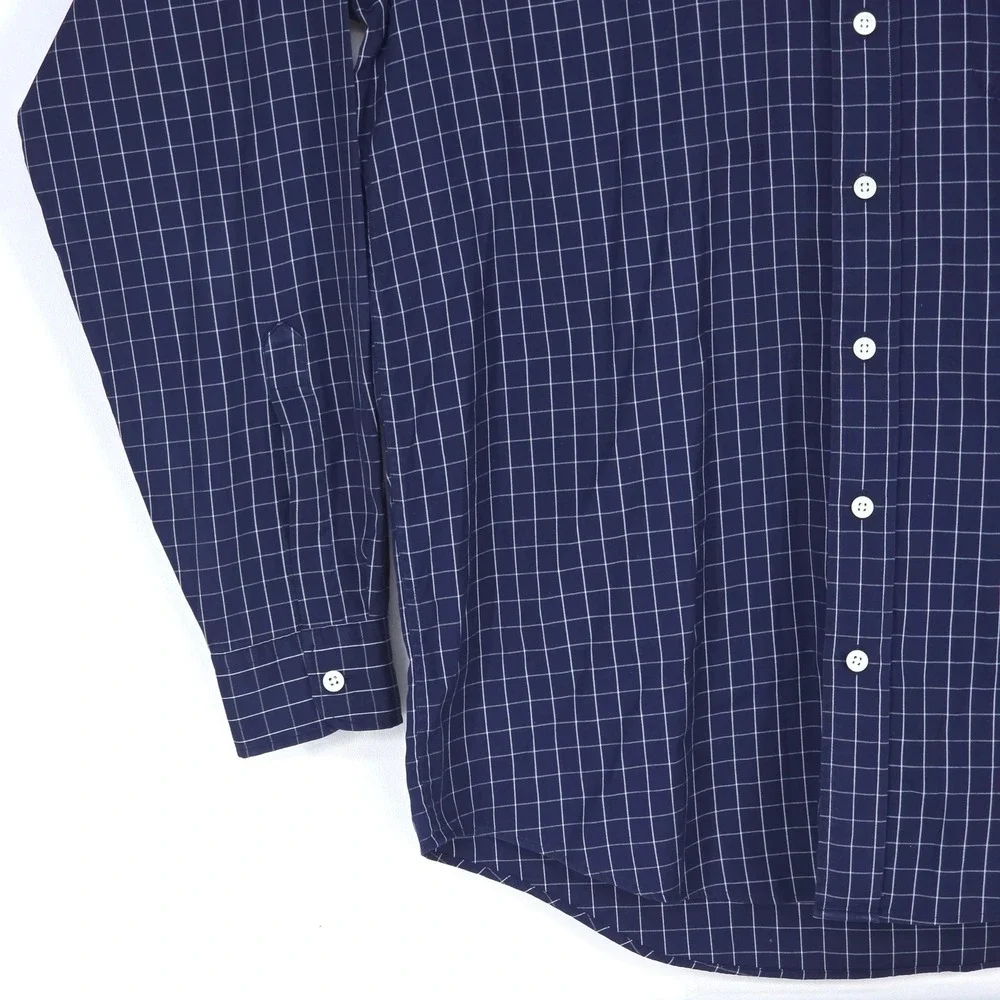 LL Bean Button Down Shirt Mens Large Navy Blue Check Long Sleeve Office Business - Picture 10 of 15